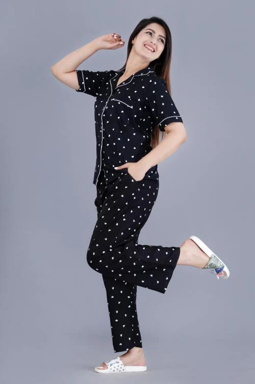 Mintmarie Women's Printed Rayon Black Nightsuit Shirt & Pyjama Set-XXL