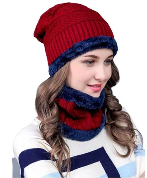 Red Color Men and Women Winter Woolen Thick Knitted Stretchable Soft Fleece Fur Lined Multipurpose Neck Muffler/neckwarmer Double Layer Scarf/scarves With Woolen Cap for Cold Weather