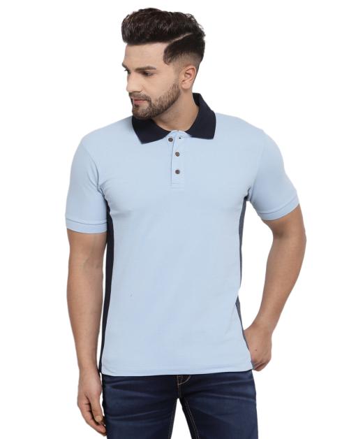 Kalt Men Sky Navy Dark Blue Melange Colour Block Cotton Blend T-Shirt