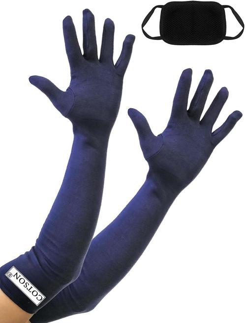 Cotson Women Cotton Full Hand UV Protection Navy Blue Summer Gloves with Free 1 Pcs Pollution Mask