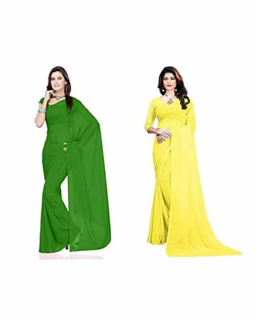 XFY Women Green and Lemon Yellow Solid Georgette Saree with Blouse Piece (Pack of 2)