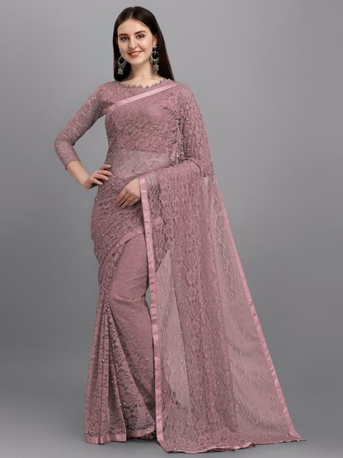 LOROFY Women Coffee Brown Net Saree