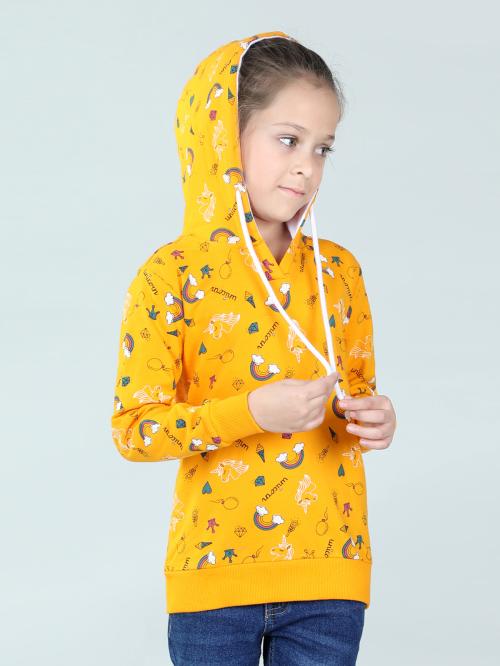 UrbanMark Junior Girls Mustard Printed Full Sleeves Hoodie Sweatshirt
