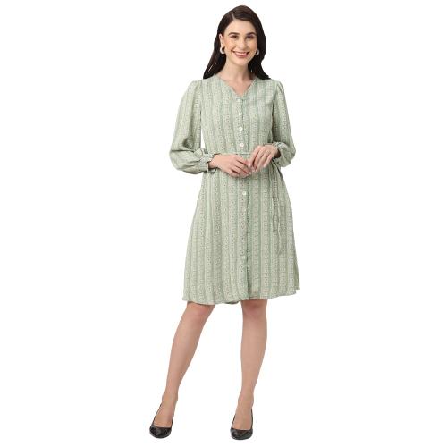 109F Dresses For Women, One Piece Western Wear, Women’s Midi Dress with V-neck, Geometric Prints, Stylish Full Sleeves, Beautiful and Trendy A-line Dress for Summer, Party, Office (Green)