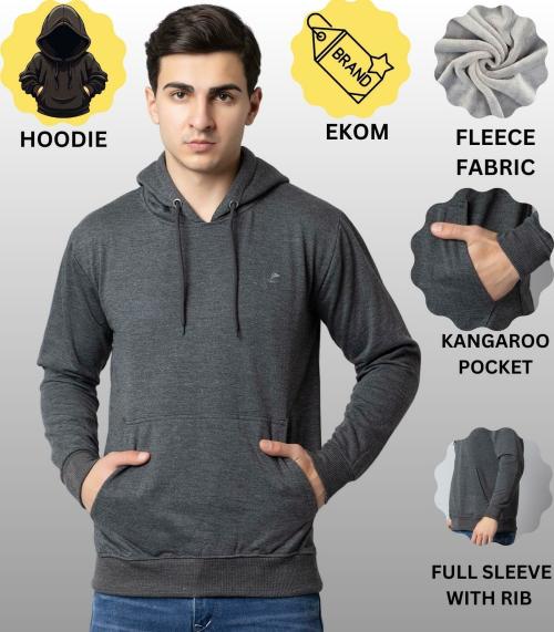 EKOM Men Fleece Fabric Sweatshirt | Men Hooded Sweatshirt | Full Sleeves, Hoodie Sweatshirt For Men-Grey