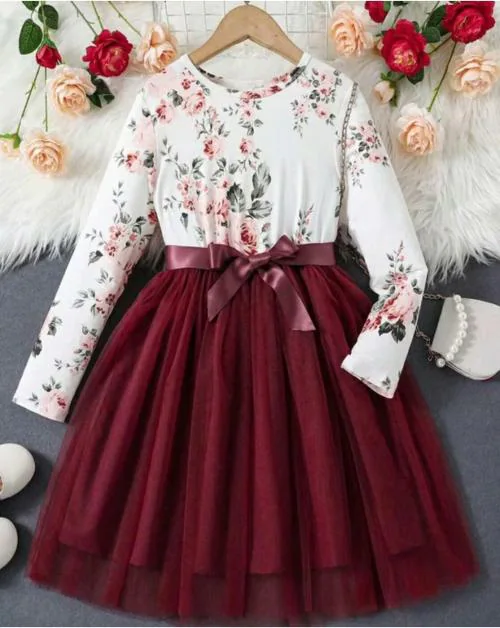 Tior Floral Print Full Sleeve Dress with Belt For Girls Dresses & Frocks | Dresses | Kids Wear | Girls Dress | Kids Dress | Frock | Frock Girls | Girls Frock | Dresses For Girls | Kids Girl Dress | Frock For Girls | Dress For Girls | Kids Wear Girls