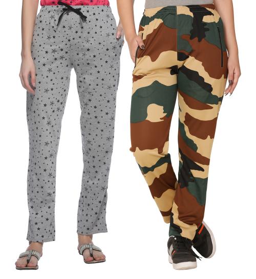 Shaun Womens Multi Color Printed Cotton Blended Pack Of 2 Track Pants (M)