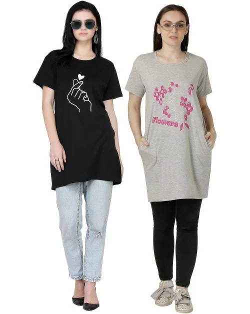 RG TRENDS Women Black and Grey Printed Cotton Blend Round Neck T-Shirt - Free Size (Pack of 2)