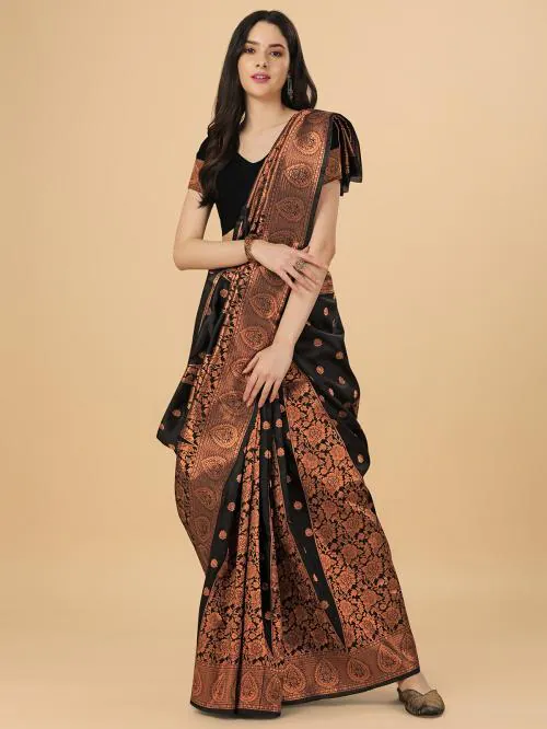 Areca Designer's Good-Looking Black Color Copper Zari Silk Blend Banarasi Silk Saree For Women