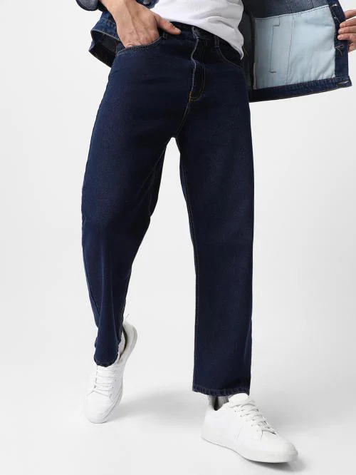Urbano Fashion Men's Dark Blue Loose Fit Washed Jeans Non-Stretchable