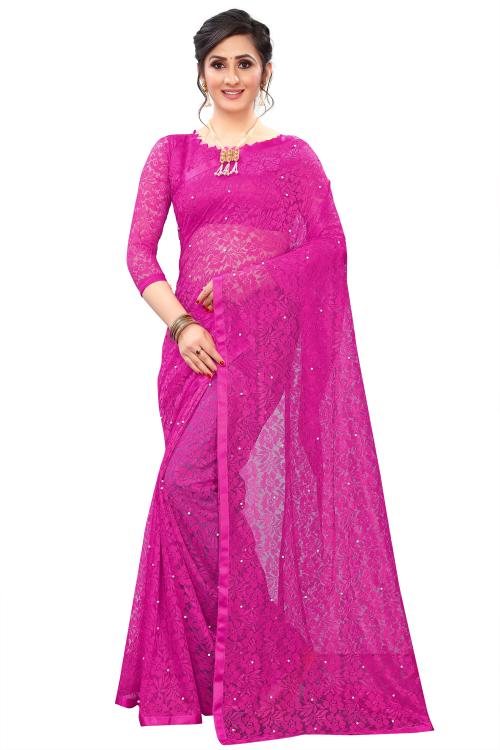 LOROFY Women Dark Pink Net Saree