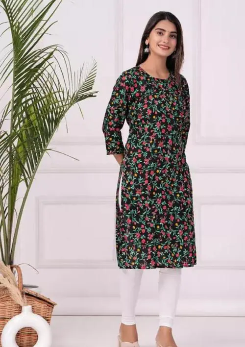 NEWKURTI Women Printed Rayon Straight Dark Green Kurta