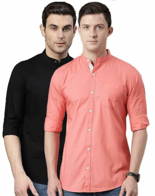 DEZANO Men Cotton Black/Pink Shirt Pack of 2 M