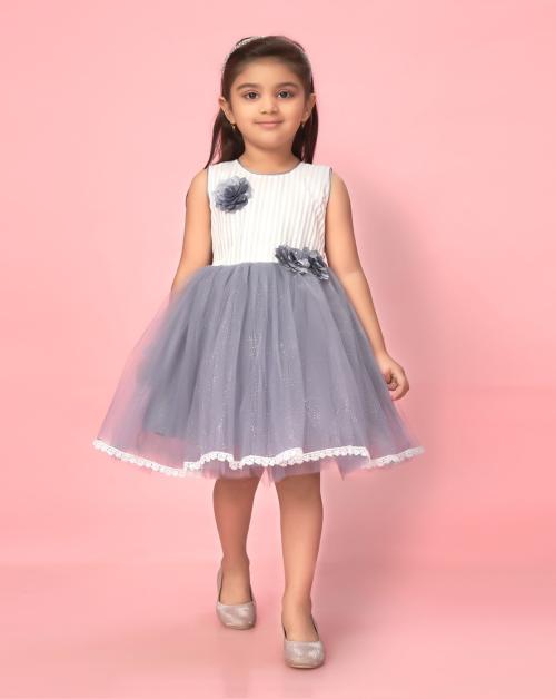 Aarika Girls Grey Colour Net Self Design Frock