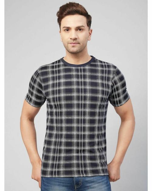 Gritstones Men Navy Check Cotton Blend Summer T-Shirt