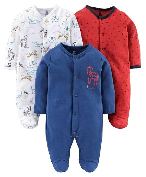 I Bears Full Sleeves Rompers for Baby Boys and Baby Girls Made of 100% Cotton Footies Bodysuit Set(Red,White,Blue 0-1 Month) Pack of 3