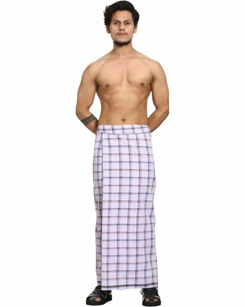 GOWRI TEX Men White Checkered Pure Cotton Stitched Lungi