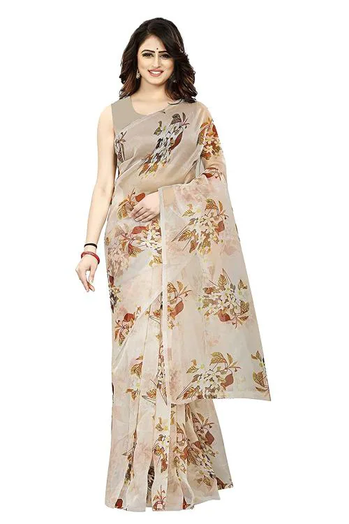 Pyos Women's Off White Floral Printed Premium Organza Saree