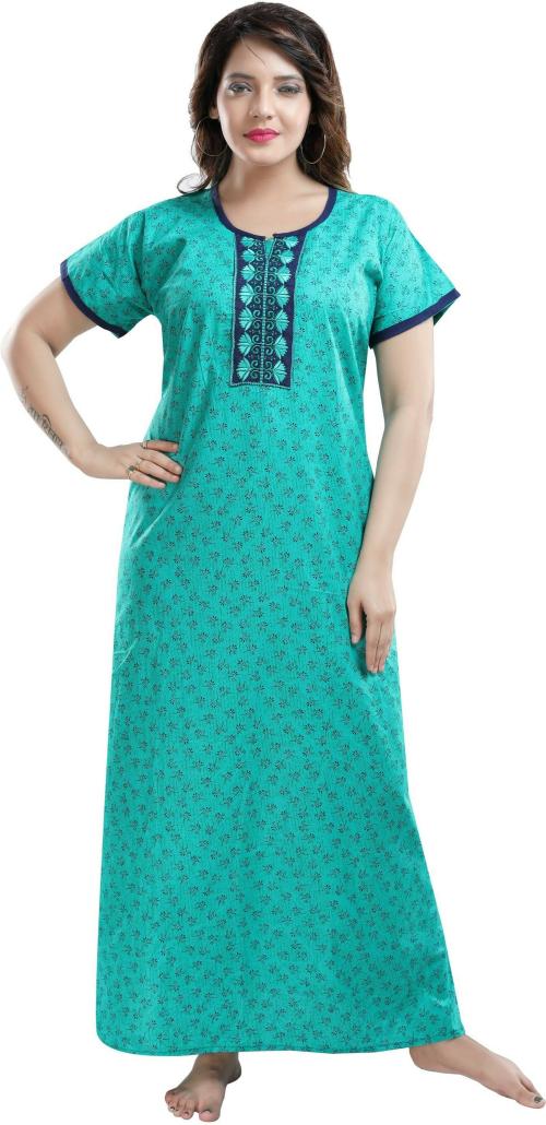 Ultraviolet Women Light Blue Floral Cotton Nighty