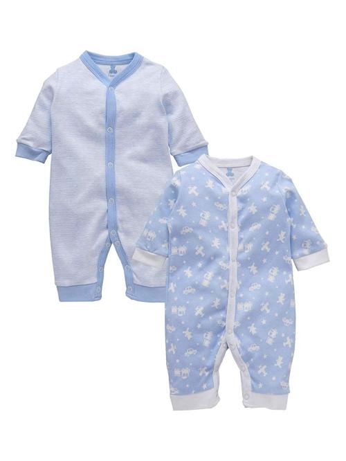 I Bears Baby Boy's and Girl's Cotton Full Sleeves Rompers Set (Blue,White 0-1 Months) - Pack of 2 Jumpsuits