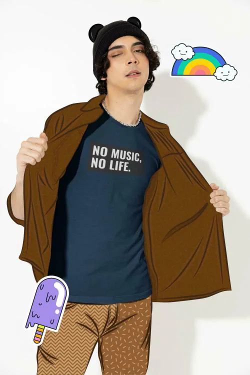 NONSENSE ON FASHION No Music No Life Men Printed T-Shirt Funky Style In Half Sleeves - navy blue - Extra Larg