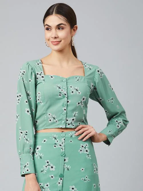 CARLTON LONDON Women Green Printed Pure Georgette Top