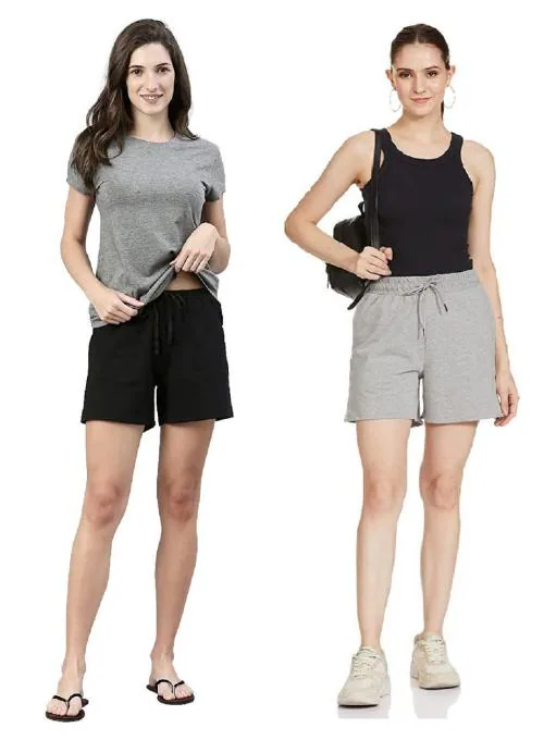 KAFF Womens Regular Fit Thigh Length Shorts- Pack of 2- Black,Grey-32