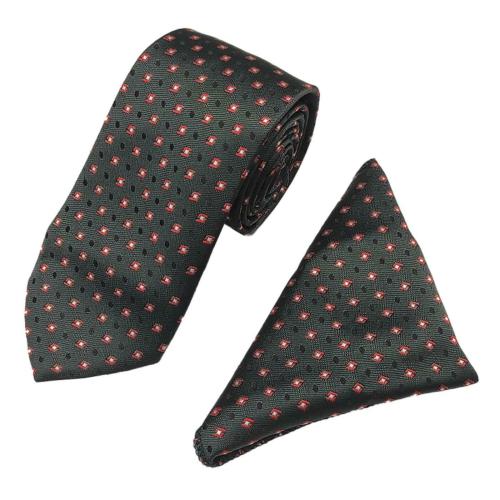 Rare Combee Group Mens Black Premium Silk Necktie Suit Accessories Set With Pocket Square Red Design