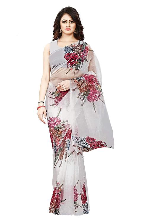 Pyos Women's White Floral Printed Premium Organza Saree Pack of 1