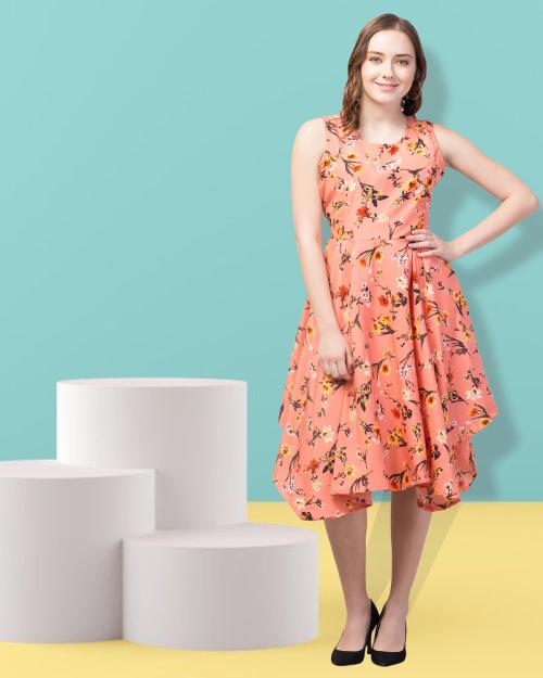 My Swag Women's Peach Color Floral Print Asymmetric Dress