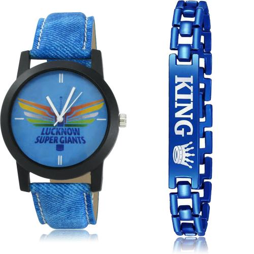 GROOT New Gift Lucknow Super Giants (Lsg) Ipl And Bracelet Blue Colour Analog Genuine Leather And Metal Belt 2 Watch Combo For Boys And Men - IPL10-BX2