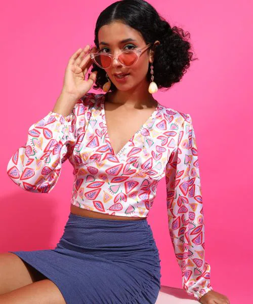 Popwings Women Casual Pink Strawberry Satin Smocking Crop Top | Latest Design Top for Women | Stylish Top for Women