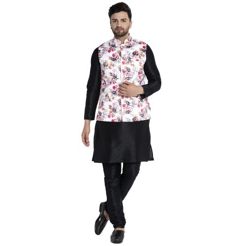 Bontestitch Men's Silk Blend Black Kurta Pajama with Designer Ethnic Nehru Jacket | Modi Jacket | Waistcoat (Size: S, PINK_FLOWER)