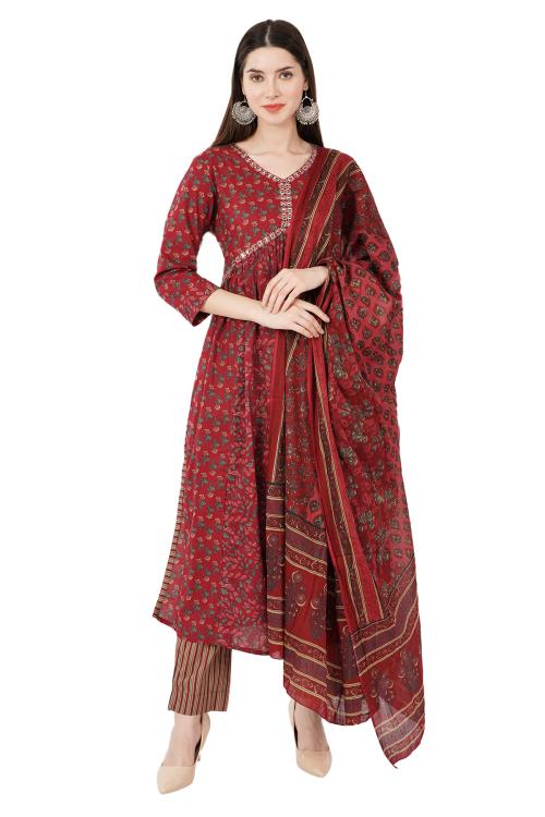 NAMYRA Women's COTTON MOTIFS PRINTED A-LINE Kurta With Trousers & Dupatta(MAROON )