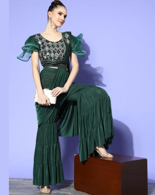 Chhabra 555 Pre-Stitched Palazzo Saree With Mirror Work Embellished blouse & Ruffled Sleeves