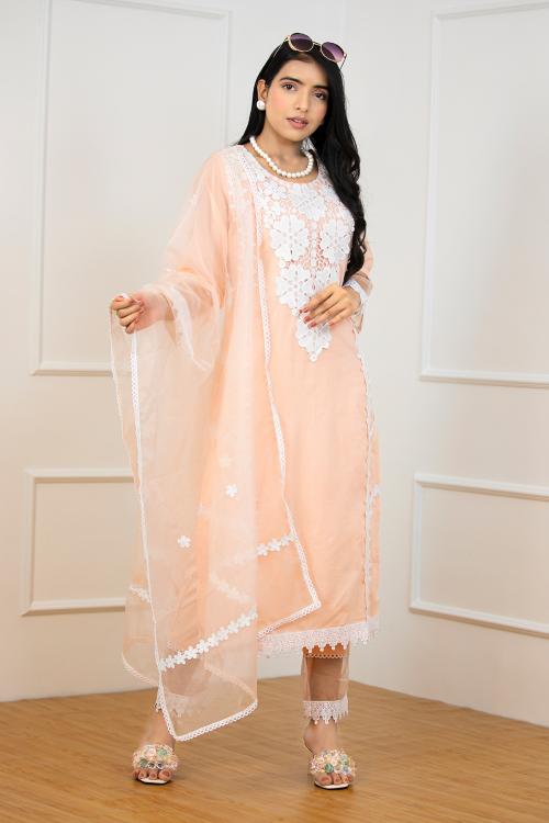 ANAYSA FASHION Women Peach Mulmul Cotton Kurta Set (Pack Of 3 Pcs- Kurta & Pant With Organza Dupatta)