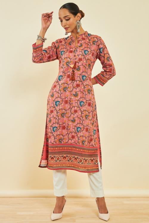 Buy Soch Coral Poly Cotton Kalamkari Print Kurta With Tassels Online at