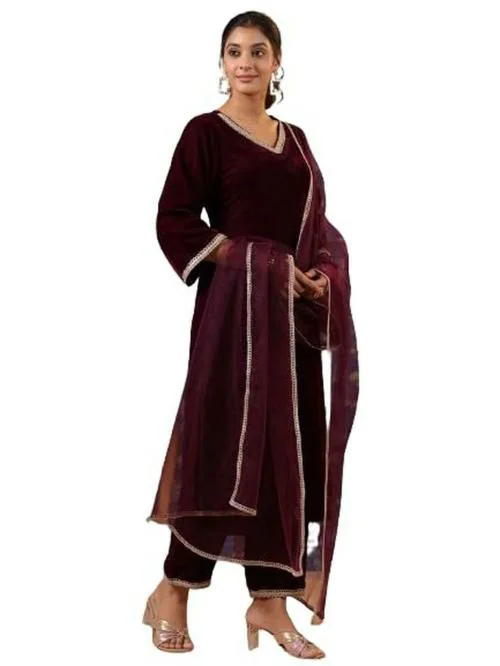 AVANSHEE Women's Wine Color Soild Velvet Kurta, Pant and Dupatta Set. (ES_7523_WINE_XL)