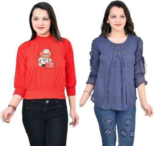 Fikroo Girls Red and Grey Printed Cotton Blend Top 14 - 15 Years (Pack of 2)