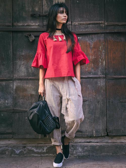 MESMORA Fashion Destination Waist tie up Casual Pants With Red Bell Sleeves Top