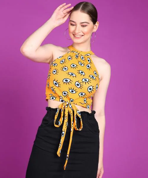 Popwings Women Casual Yellow Eye Printed Sleeveless Halter Neck String Knot Crop Top | Women Tops | Women Latest Tops | Women Stylish Tops