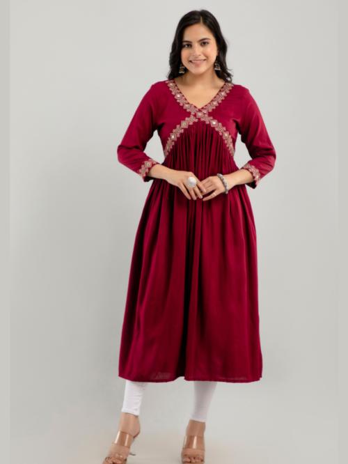 ftDiva Embroidered Aliya Cut Kurta in Maroon