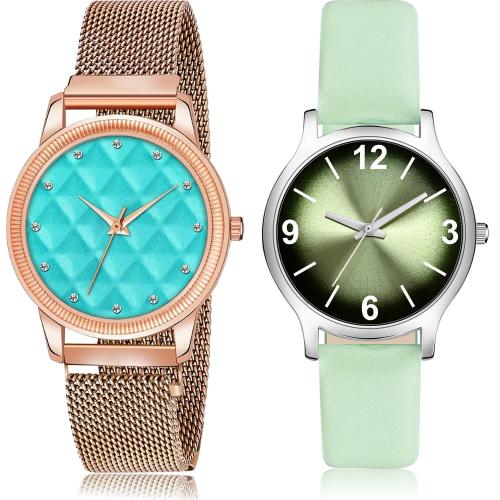 GROOT Modern Professional Magnetic Chain And Girls Watch Rose Gold And Green Colour Analog Metal And Genuine Leather Belt 2 Watch Combo For Women And Girls - GW15-GM351