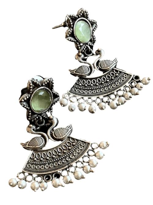 Aasira Peacock Shaped Chandbali Earring With Beads Green, White For Women And Girl