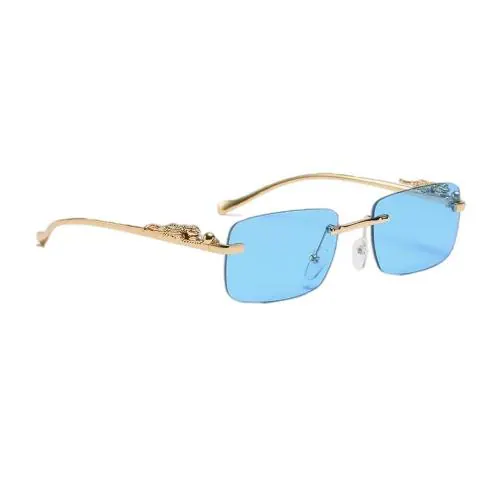 Dervin Leopard Decorated Arms Rimless Rectangle Sunglasses for Men and Women (Blue)