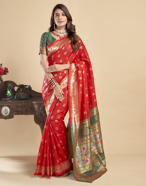 Siril Silk Red & Gold Color Saree with Blouse piece