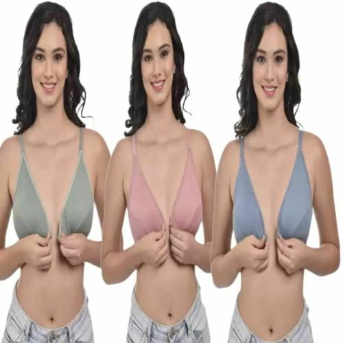 Narsingha Dreams Women Cotton Non Padded Front Open Bra Combo Pack of 3