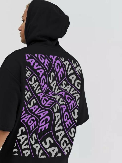 Jump Cuts Mens Printed Hooded Neck Half Sleeve Black and Grey Cotton Boxy fit Tshirt