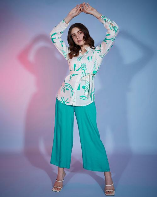 BuyNewTrend White Turquoise Floral Printed Rayon Women's 2 Piece Dress|Shirt Palazzo Set|Co-Ord Set