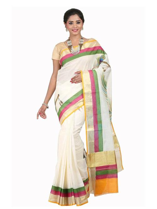 Fashionkiosks Women Cream Cotton Hand Painted Mural Art Work Kerala Kasavu Saree With Attached Blouse Piece